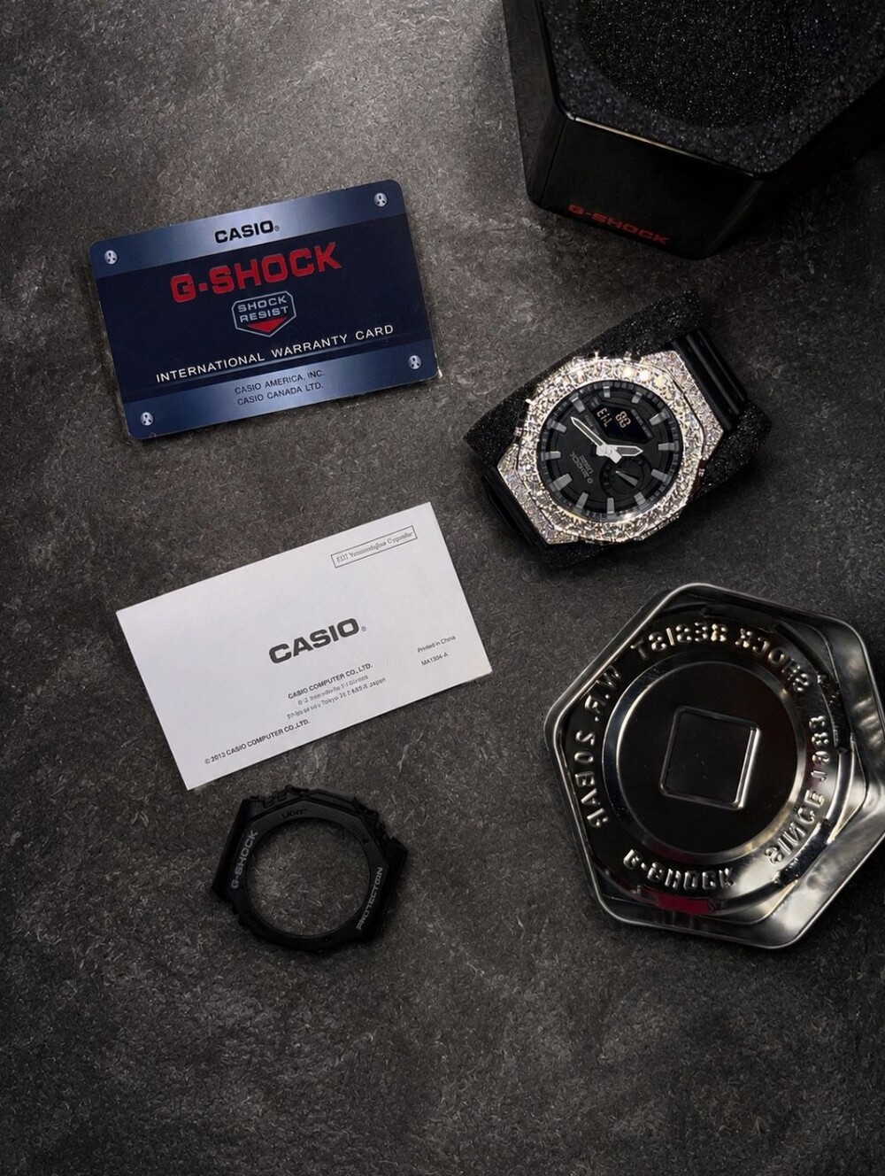 G-Shock Black Dial Watch with real Moissanite stones Bezel and Black Strap